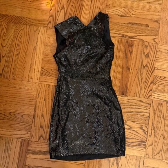 All Saints Spitafields cowl neck asymmetrical ahoulder black sequin dress - Picture 5 of 5